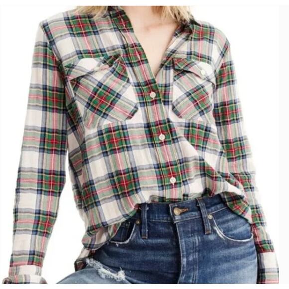 J. Crew Tops - J. Crew White Stewart Tartan Plaid Button Down Shirt Size 8
